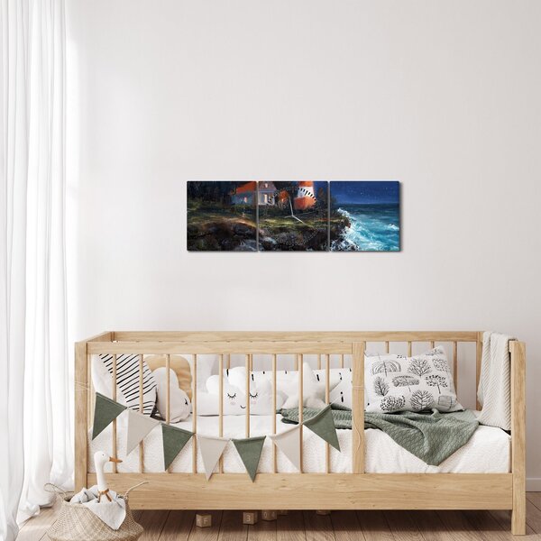 Obraz - Latarnia morska na brzegu oceanu, akwarela (z zegarem) (90x30 cm)