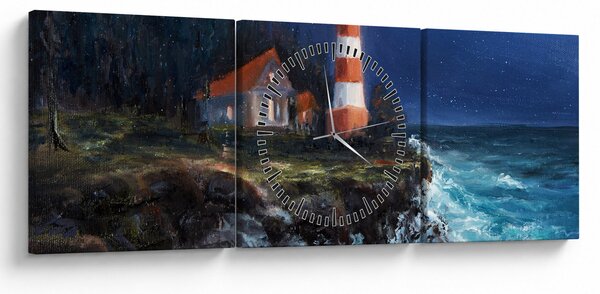 Obraz - Latarnia morska na brzegu oceanu, akwarela (z zegarem) (90x30 cm)