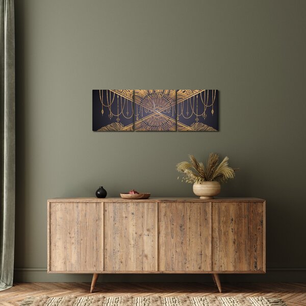 Obraz - Złota mandala ze strzałkami (z zegarem) (90x30 cm)