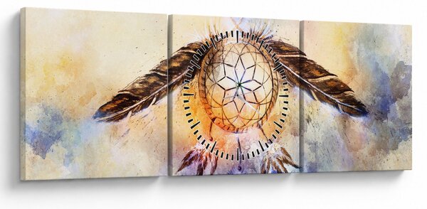 Obraz - Łapacz snów z piórami (z zegarem) (90x30 cm)