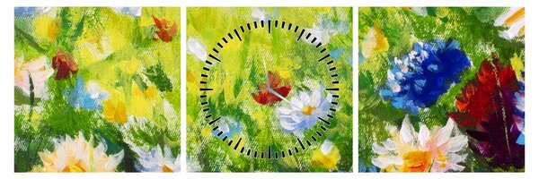 Obraz kwitnącej łąki, obraz olejny (z zegarem) (90x30 cm)