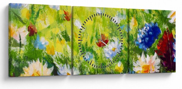 Obraz kwitnącej łąki, obraz olejny (z zegarem) (90x30 cm)