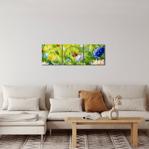 Obraz kwitnącej łąki, obraz olejny (z zegarem) (90x30 cm)