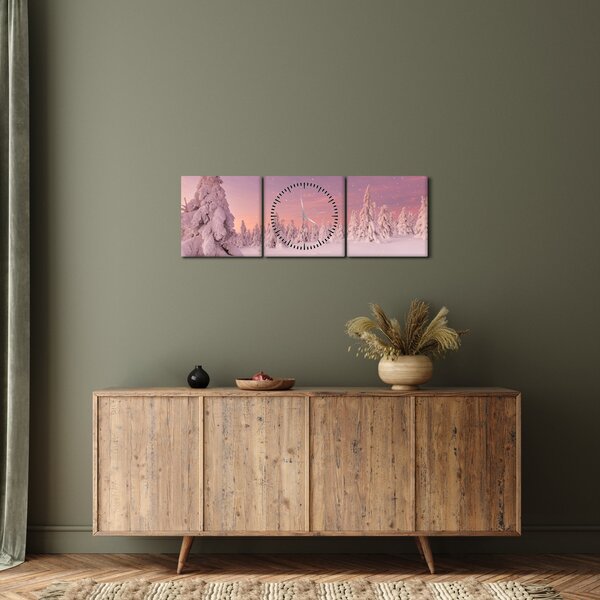 Obraz - Drzewa pod warstwą śniegu (z zegarem) (90x30 cm)