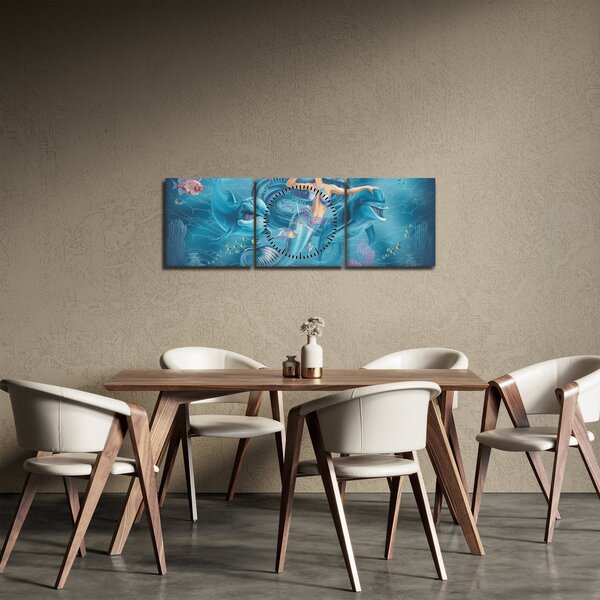 Obraz - Syrenka z delfinami (z zegarem) (90x30 cm)