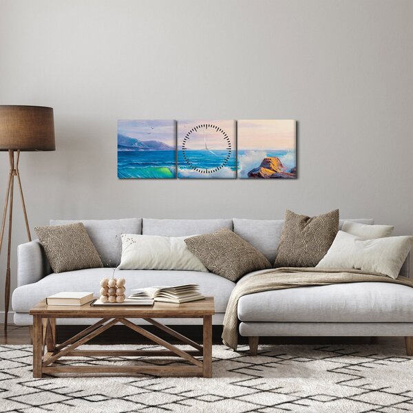 Obraz fal uderzających w klify, obraz olejny (z zegarem) (90x30 cm)