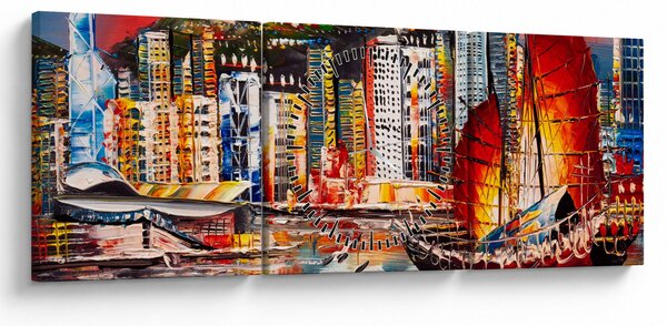 Obraz - Victoria Harbor, Hong Kong, obraz olejny (z zegarem) (90x30 cm)
