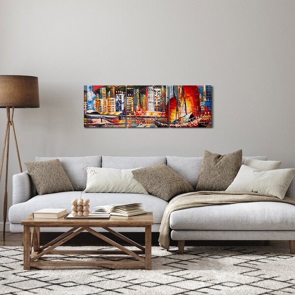 Obraz - Victoria Harbor, Hong Kong, obraz olejny (z zegarem) (90x30 cm)