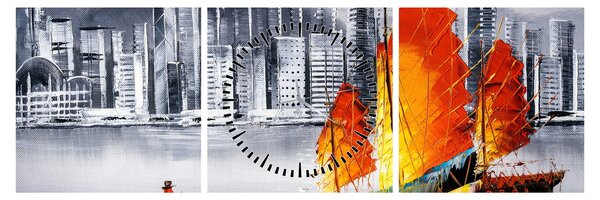 Obraz - Victoria Harbor, Hongkong, czarno-biały obraz olejny (z zegarem) (90x30 cm)
