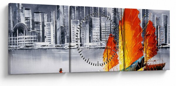 Obraz - Victoria Harbor, Hongkong, czarno-biały obraz olejny (z zegarem) (90x30 cm)