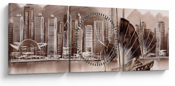 Obraz - Victoria Harbor, Hongkong, efekt sepii (z zegarem) (90x30 cm)
