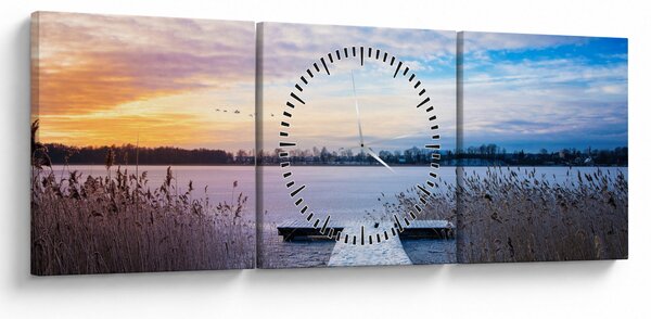 Obraz - Zamarznięte jezioro, Ełk, Mazury, Polska (z zegarem) (90x30 cm)