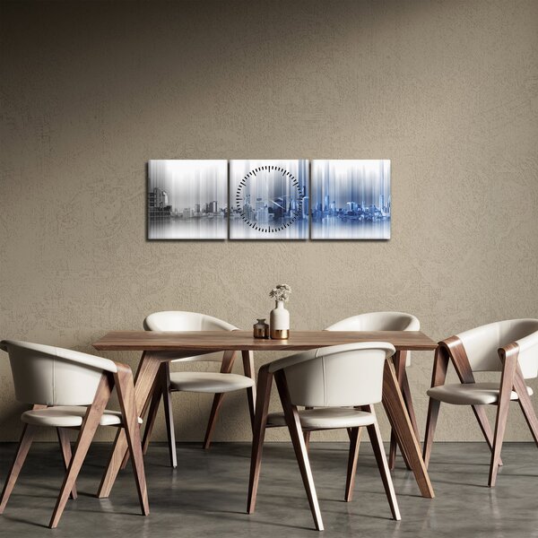 Obraz - Panorama miasta, niebiesko - szara (z zegarem) (90x30 cm)
