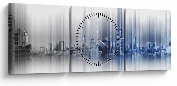 Obraz - Panorama miasta, niebiesko - szara (z zegarem) (90x30 cm)