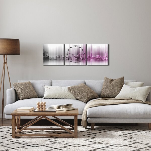 Obraz - Panorama miasta, różowo- szara (z zegarem) (90x30 cm)