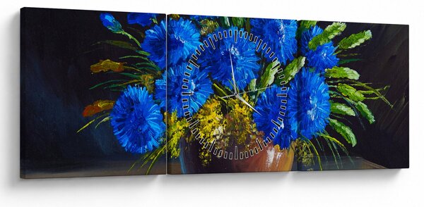 Obraz niebieskich kwiatów w wazonie (z zegarem) (90x30 cm)
