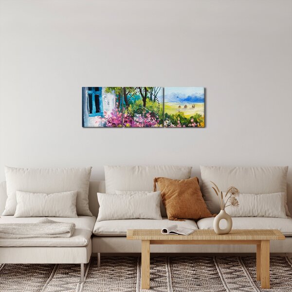 Obraz ogrodu przed domem, obraz olejny (z zegarem) (90x30 cm)