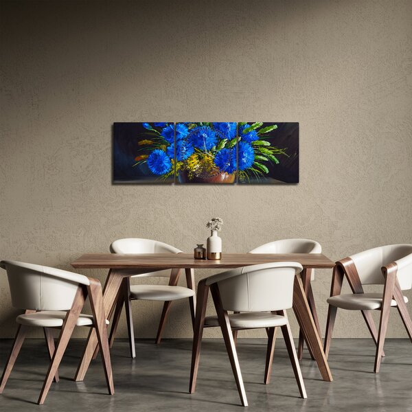 Obraz niebieskich kwiatów w wazonie (z zegarem) (90x30 cm)