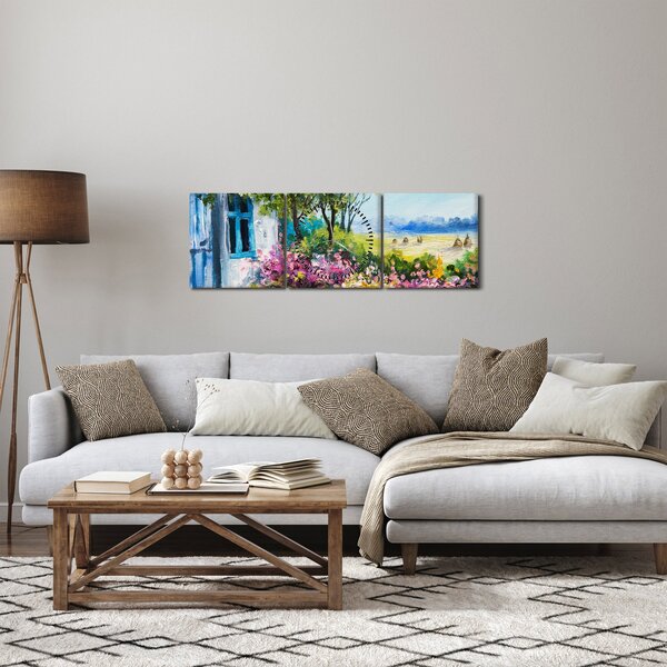 Obraz ogrodu przed domem, obraz olejny (z zegarem) (90x30 cm)