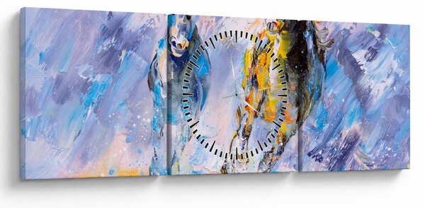 Obraz biegnących koni, obraz olejny (z zegarem) (90x30 cm)