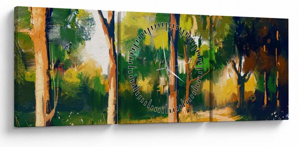 Obraz lasu w letnim słońcu, malarstwo (z zegarem) (90x30 cm)
