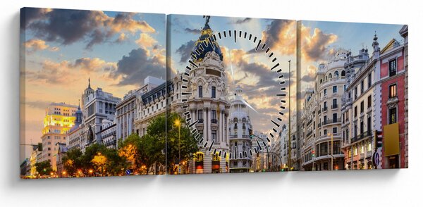 Obraz - Calle Gran Vía, Madryt, Hiszpania (z zegarem) (90x30 cm)