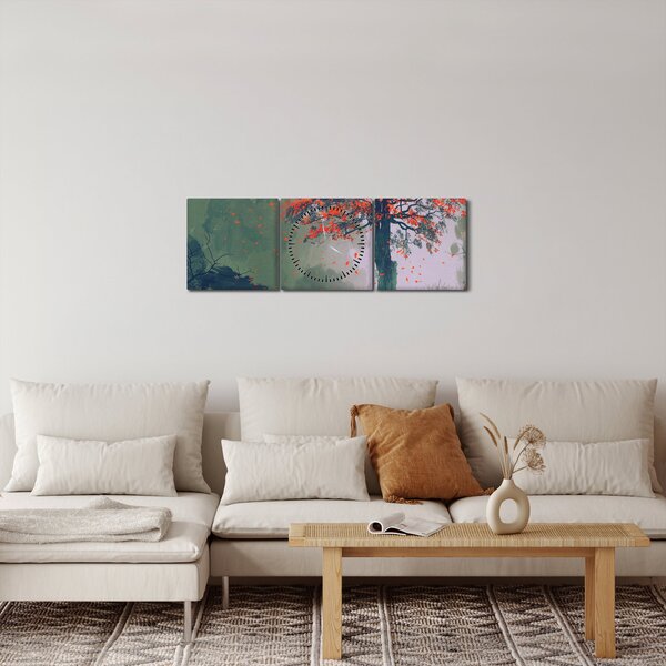 Obraz samotnego czerwonego drzewa (z zegarem) (90x30 cm)