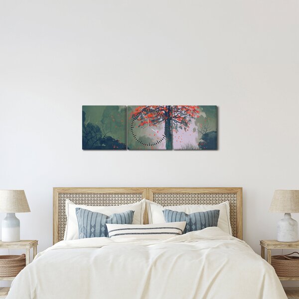 Obraz samotnego czerwonego drzewa (z zegarem) (90x30 cm)