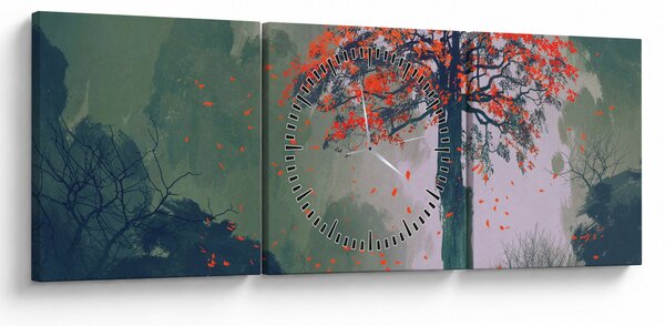 Obraz samotnego czerwonego drzewa (z zegarem) (90x30 cm)
