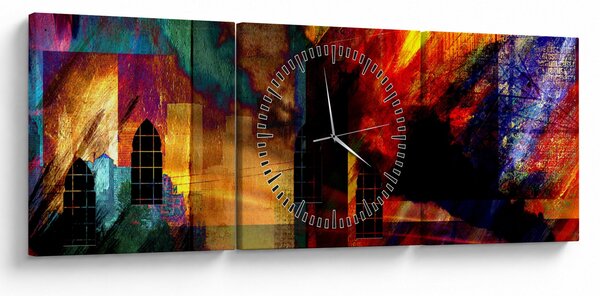 Obraz - Kolorowa abstrakcja miasta (z zegarem) (90x30 cm)