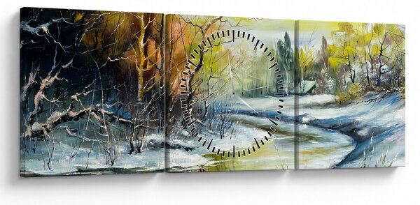 Obraz zimowej rzeki, obraz olejny (z zegarem) (90x30 cm)