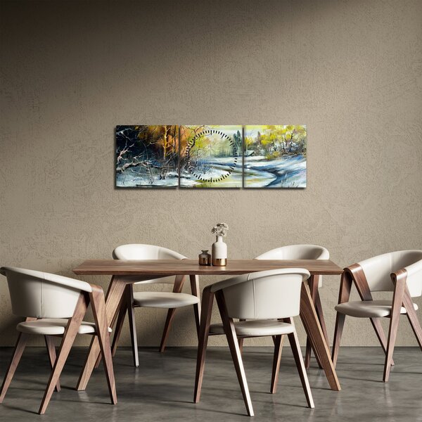 Obraz zimowej rzeki, obraz olejny (z zegarem) (90x30 cm)