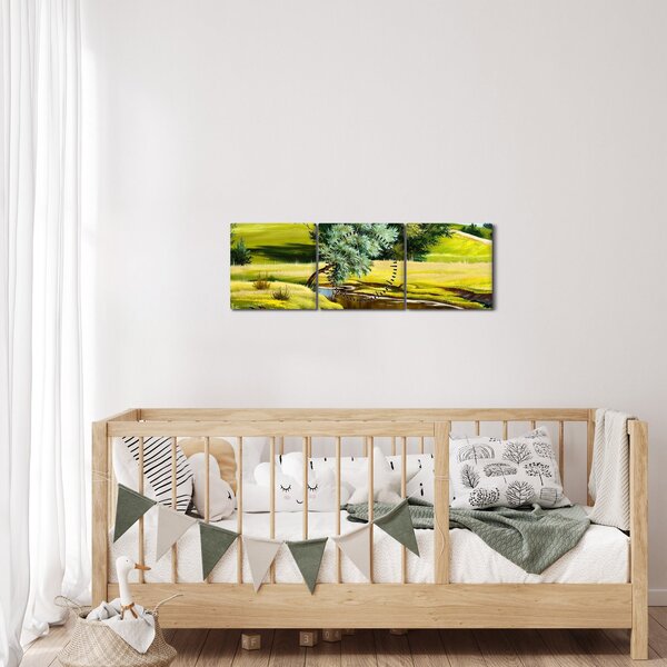 Obraz - rzeka między łąkami, obraz olejny (z zegarem) (90x30 cm)