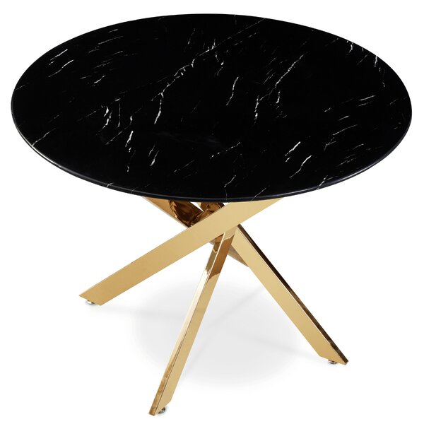 Stół Okrągły Szklany BALI 100 cm Czarny Marmur/Złoty Glamour