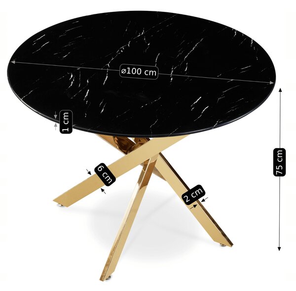 Stół Okrągły Szklany BALI 100 cm Czarny Marmur/Złoty Glamour