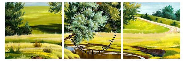 Obraz - rzeka między łąkami, obraz olejny (z zegarem) (90x30 cm)