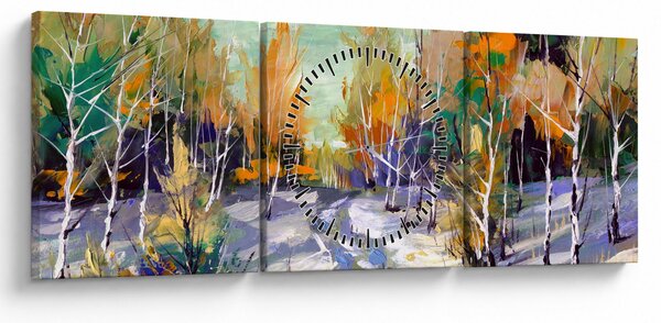 Obraz - Zaśnieżona ścieżka przez las, obraz olejny (z zegarem) (90x30 cm)