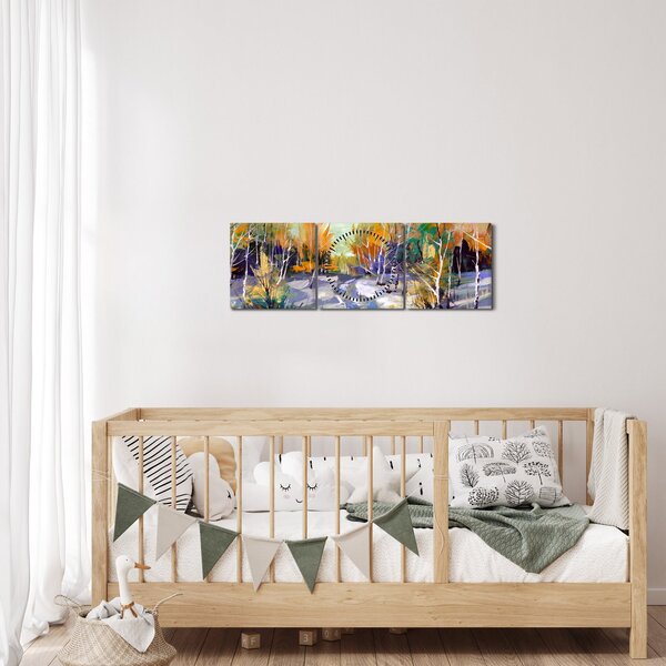 Obraz - Zaśnieżona ścieżka przez las, obraz olejny (z zegarem) (90x30 cm)