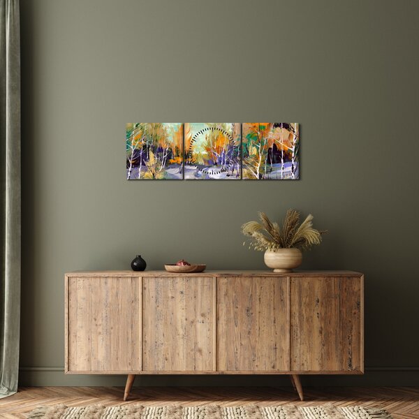 Obraz - Zaśnieżona ścieżka przez las, obraz olejny (z zegarem) (90x30 cm)