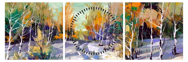Obraz - Zaśnieżona ścieżka przez las, obraz olejny (z zegarem) (90x30 cm)