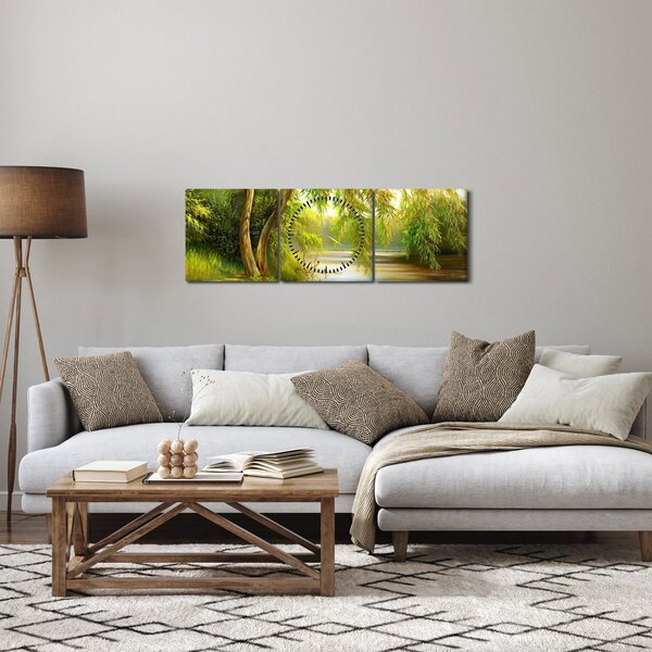 Obraz - Wierzba nad jeziorem, obraz olejny (z zegarem) (90x30 cm)