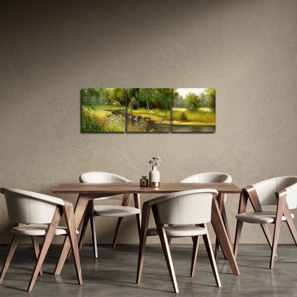 Obraz - Rzeka przy lesie, obraz olejny (z zegarem) (90x30 cm)