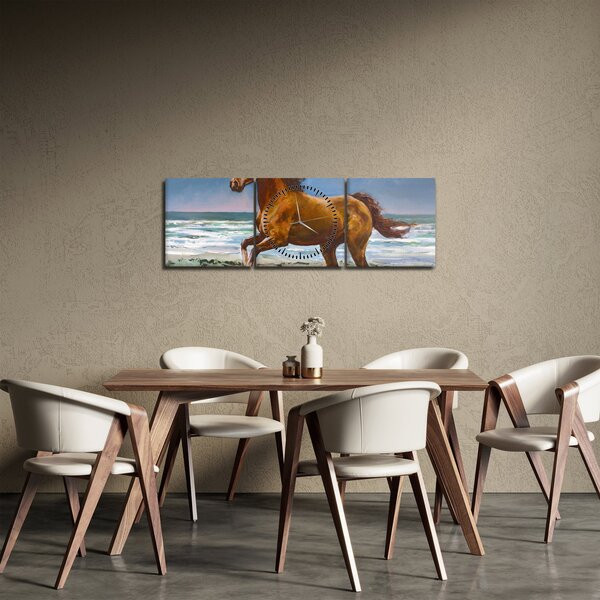 Obraz konia na plaży (z zegarem) (90x30 cm)