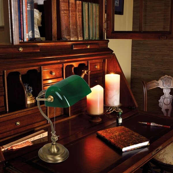 Klasyczna lampa bankierska stołowa biurkowa Mexlite 7733BR Belana E14 17cm x 44cm mosiądz zielony
