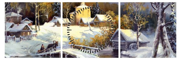 Obraz - Zimowe miasteczko (z zegarem) (90x30 cm)