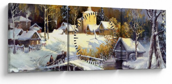 Obraz - Zimowe miasteczko (z zegarem) (90x30 cm)