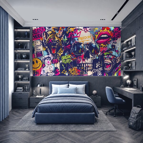 Fototapeta Wall mural Skull with sunglasses and lips and mouth, Nowoczesne Fototapety, Popularne Fototapety, t00933 - Tapeko.pl