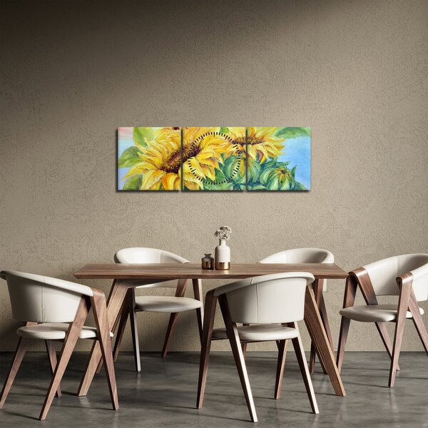 Obraz kwitnących słoneczników (z zegarem) (90x30 cm)
