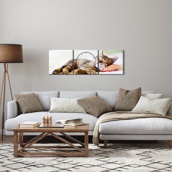 Obraz - Śpiący kotek (z zegarem) (90x30 cm)