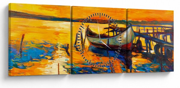 Obraz - Łódź o zachodzie słońca (z zegarem) (90x30 cm)
